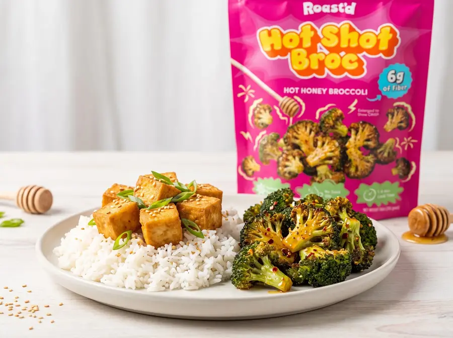 Crispy Tofu Bites with Hot Honey Broccoli — plated and ready to serve
