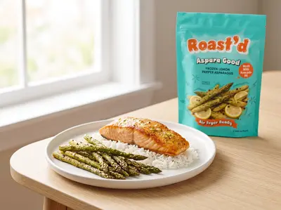 Garlic Butter Salmon with Air Fryer Lemon Pepper Asparagus — plated