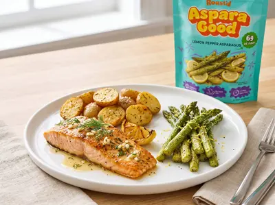 Garlic Butter Salmon with Lemon Pepper Asparagus — plated