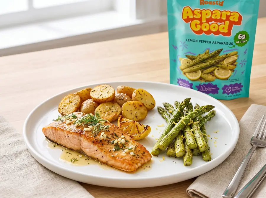Garlic Butter Salmon with Lemon Pepper Asparagus — plated and ready to serve