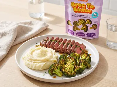 Garlic Butter Steak & Mash with Salt & Pepper Broccoli — plated