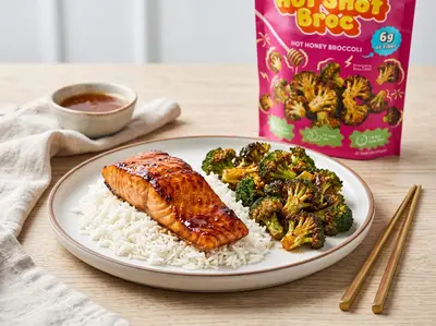 Honey Garlic Salmon with Hot Honey Broccoli — plated