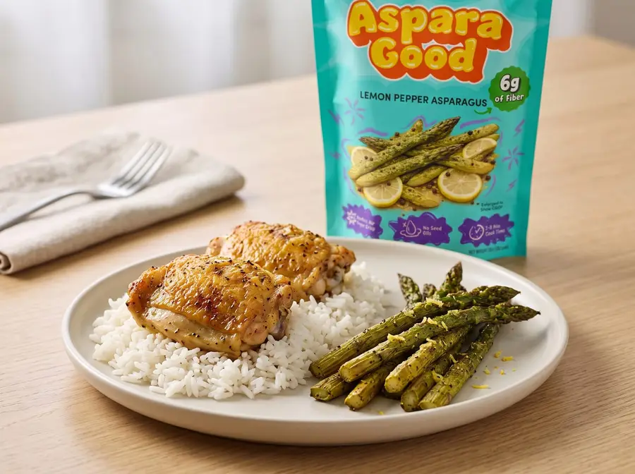Lemon Herb Chicken with Lemon Pepper Asparagus — plated and ready to serve