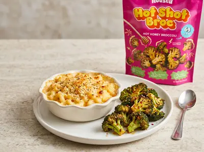Baked Mac & Cheese with Hot Honey Broccoli — plated