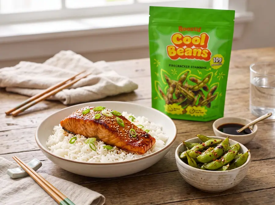 Miso-Glazed Salmon with Firecracker Edamame — plated and ready to serve