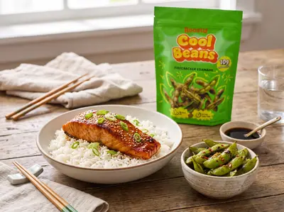Miso-Glazed Salmon with Firecracker Edamame — plated