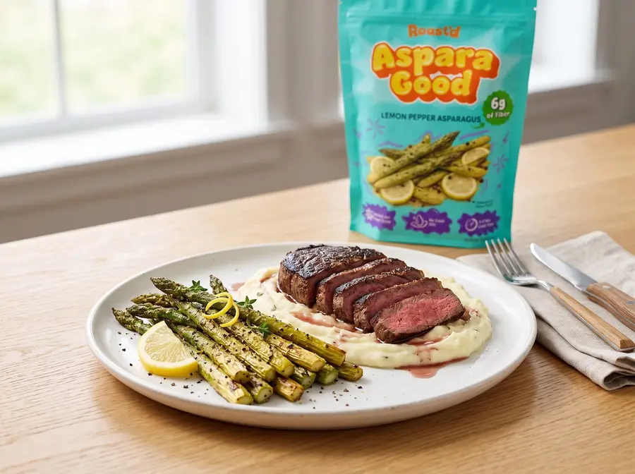 Pan-Seared Steak with Lemon Pepper Asparagus — plated and ready to serve
