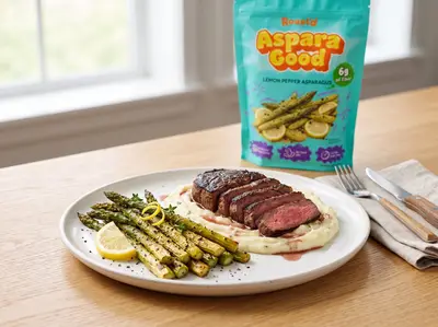 Pan-Seared Steak with Lemon Pepper Asparagus — plated