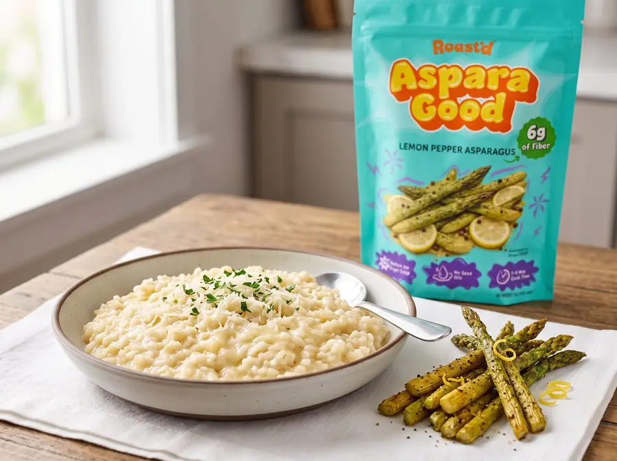 Parmesan Risotto with Lemon Pepper Asparagus — plated and ready to serve