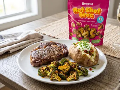 Pepper Steak with Hot Honey Broccoli — plated