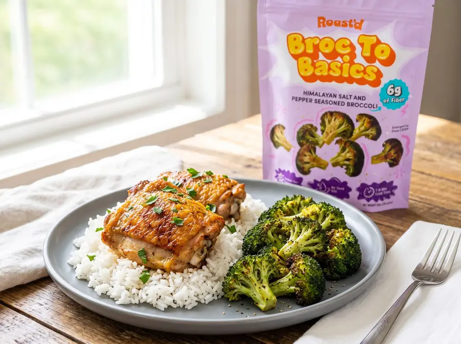 Roasted Chicken Thighs with Salt & Pepper Broccoli — plated and ready to serve