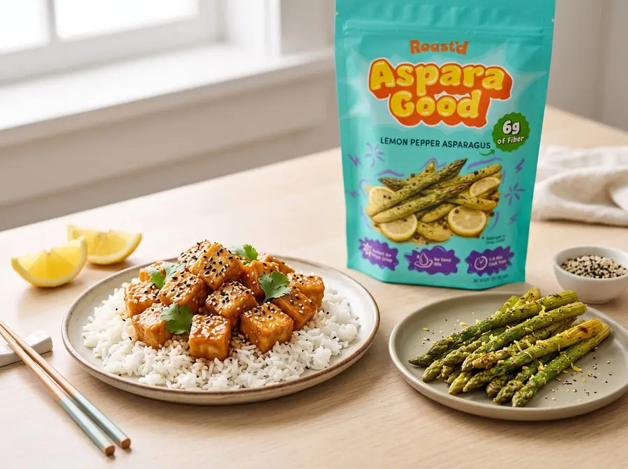 Crispy Sesame Tofu with Lemon Pepper Asparagus — plated and ready to serve