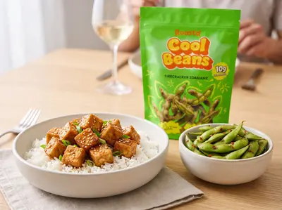 Crispy Soy-Glazed Tofu with Firecracker Edamame — plated