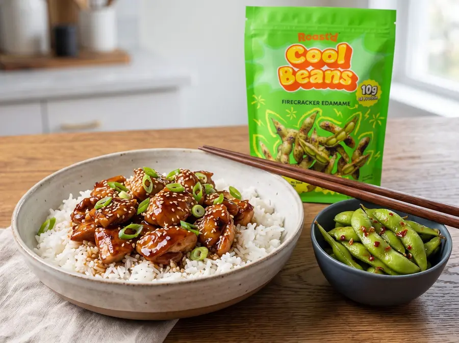 Teriyaki Chicken with Firecracker Edamame — plated and ready to serve